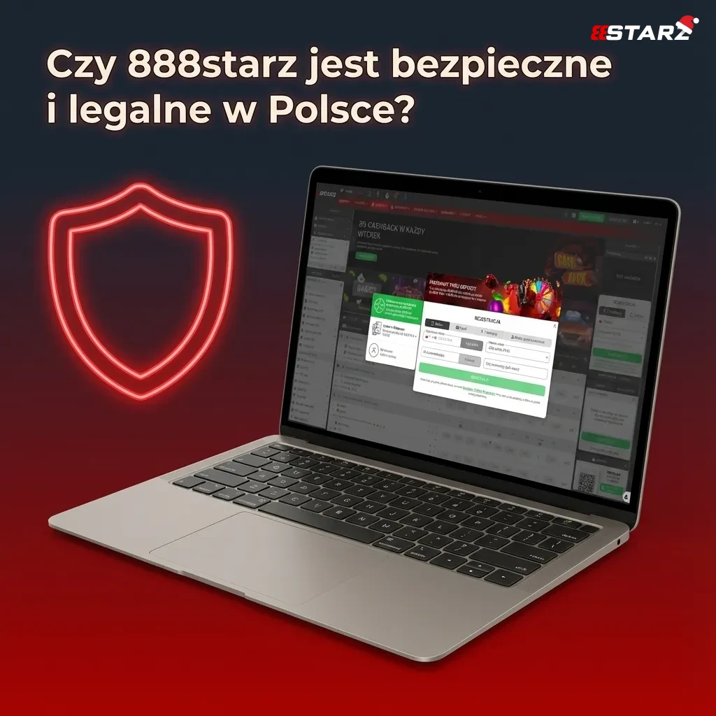 Grafika z napisem „Czy 888starz jest bezpieczne i legalne w Polsce?” oraz ikonami licencji, SSL i ochrony danych