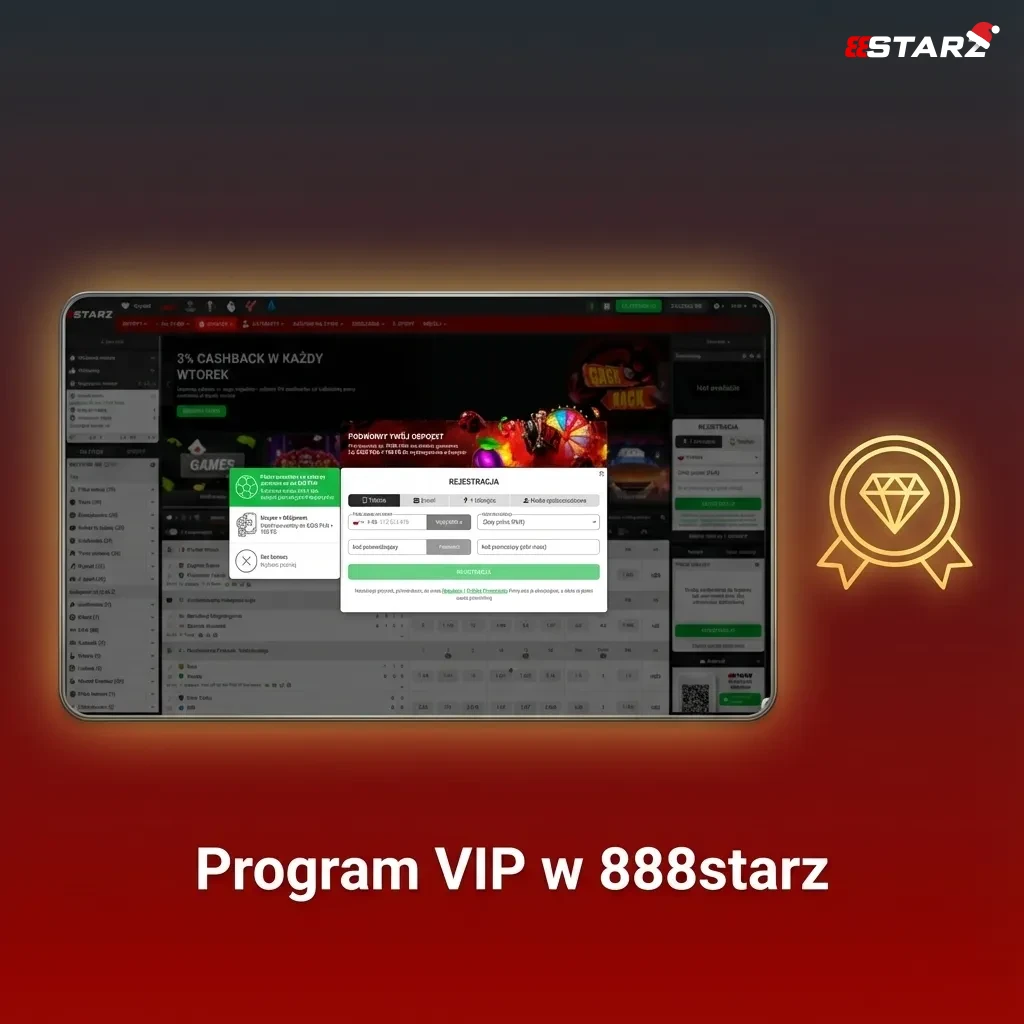 Grafika promująca program VIP 888starz dla polskich graczy z poziomami i benefitami za aktywną grę
